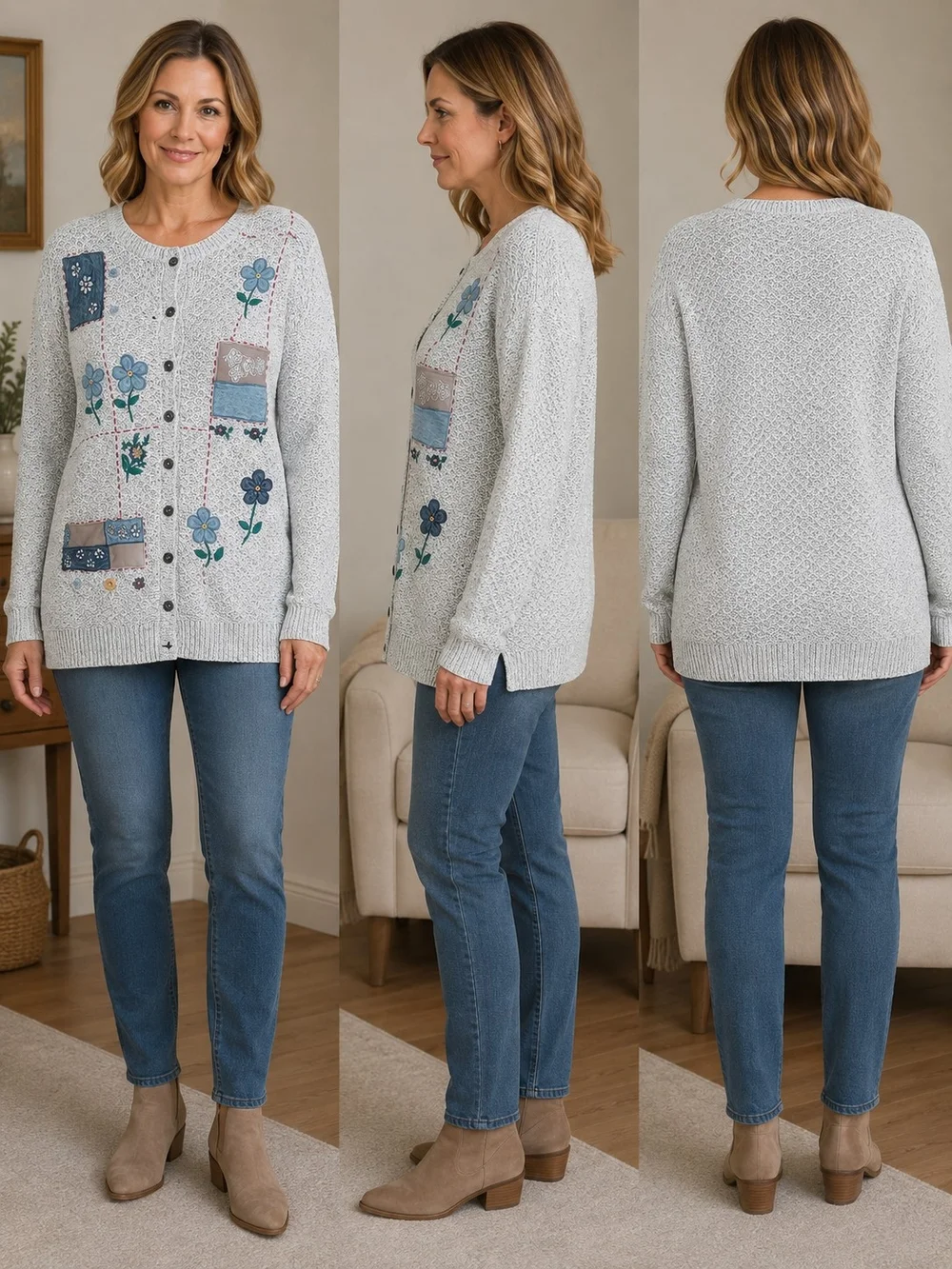 Alfred Dunner Light Gray Button-Front Patchwork Floral Cardigan